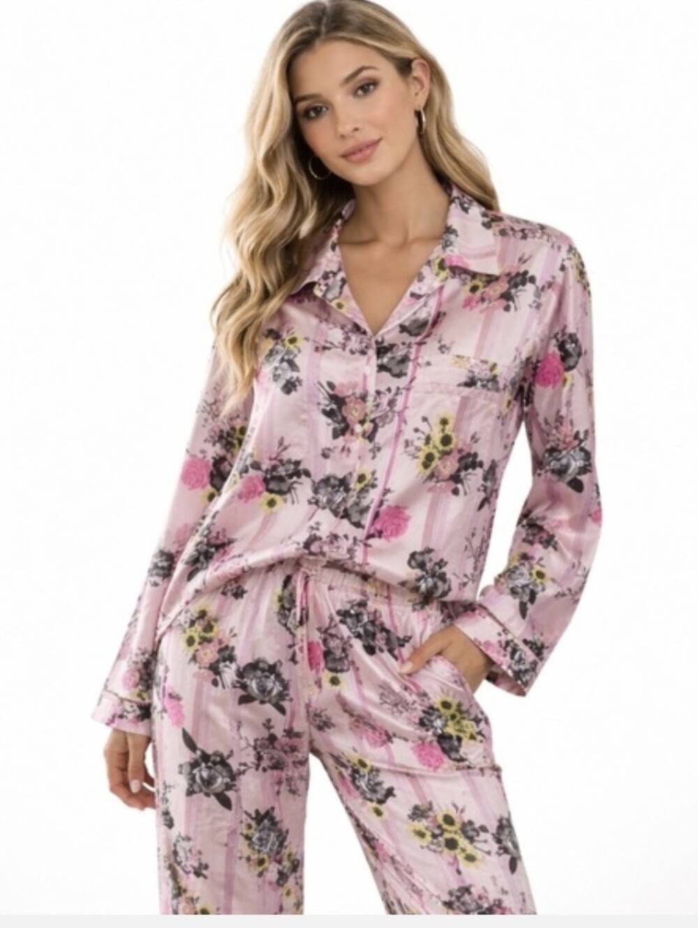 Victoria Secret Floral Satin Pajamas Lounge Wear. Pink Black Large L